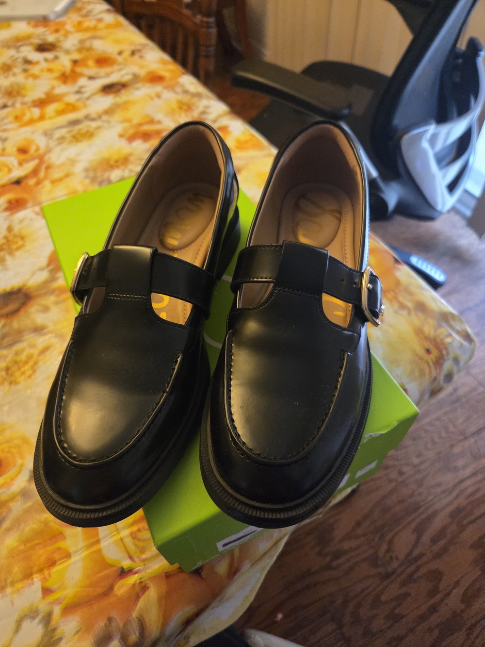 Sam Edelman Black Leather Mary Jane Loafers with Buckle